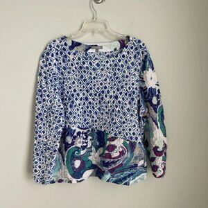 Habitat Blue White 3/4 Sleeve Crinkle Texture Top Artsy Batéau Neck oversized